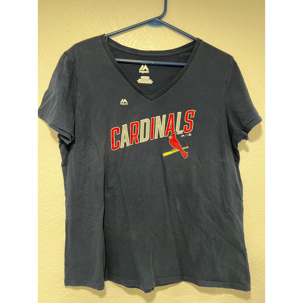 Majestic St Louis Cardinals MLB V-Neck T-Shirt Navy Blue Womens XL Short Sleeve